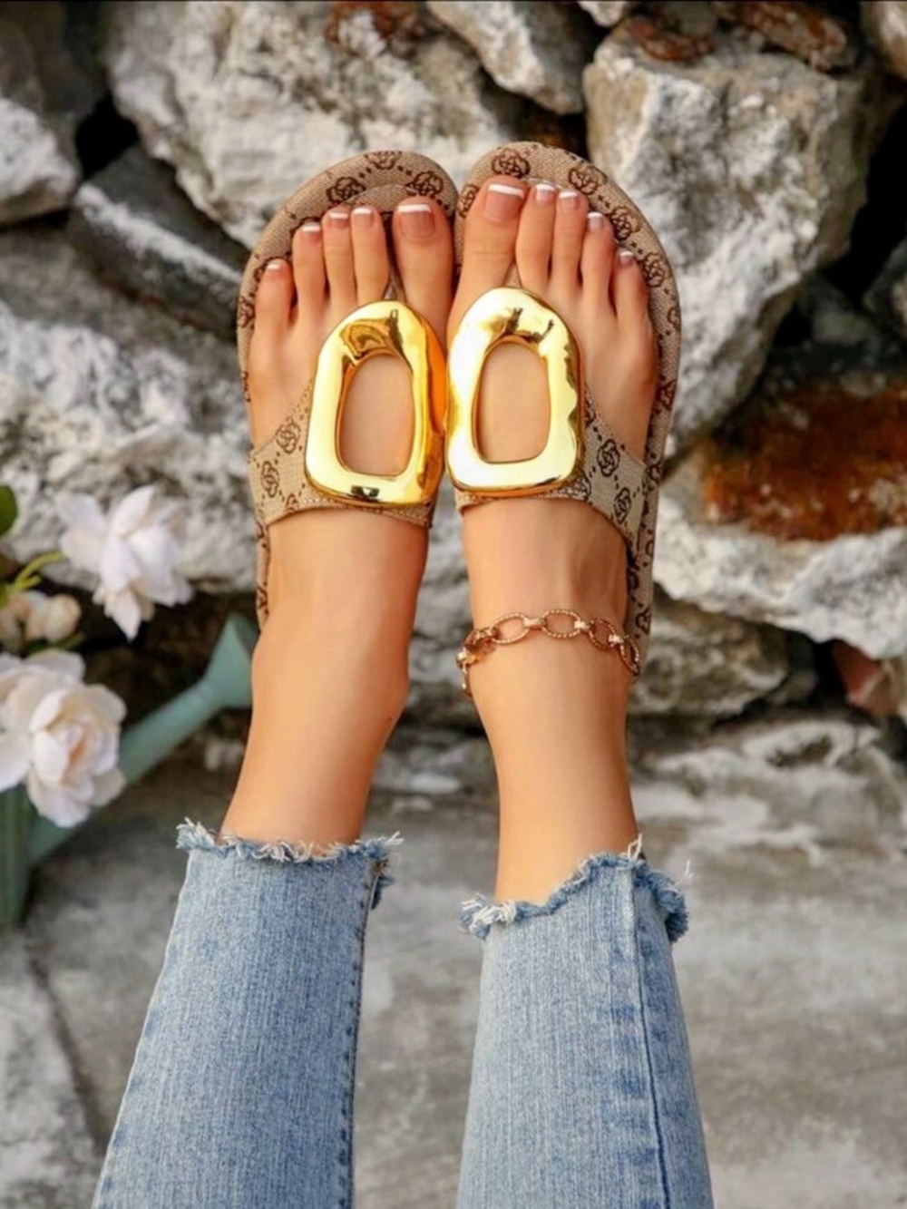 Women’s Beige Patterned Sandals with Gold Accent